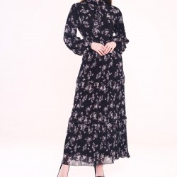 Patterned pleated Black Dress