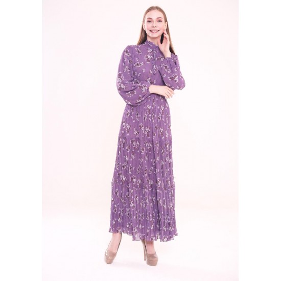  Patterned pleated Purple Dress