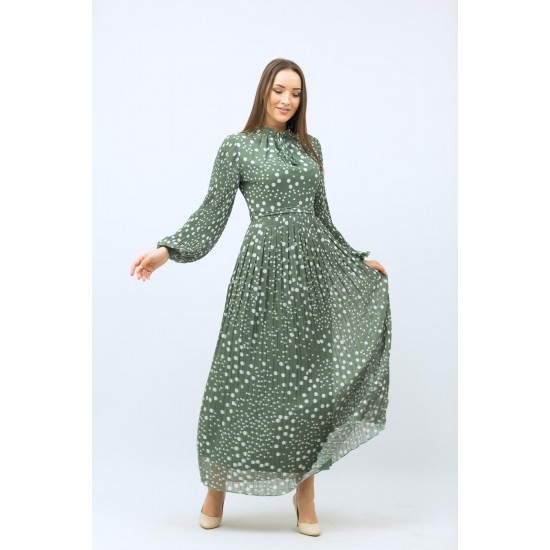  Patterned pleated Green Dress