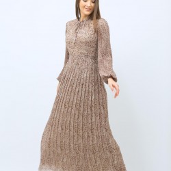 Patterned Pleated Beige Dress Patterned Pleated Beige Dress