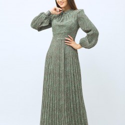 Patterned Pleated Green Dress