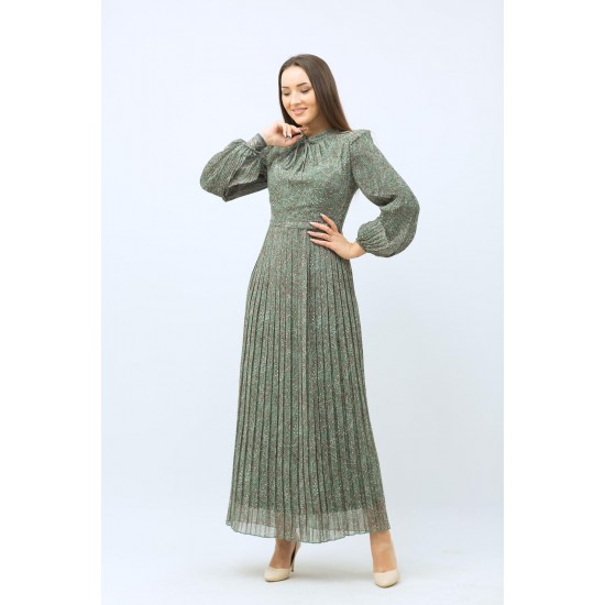 Patterned Pleated Green Dress