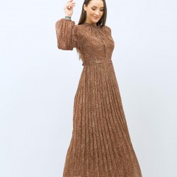 Patterned Pleated Brown Dress