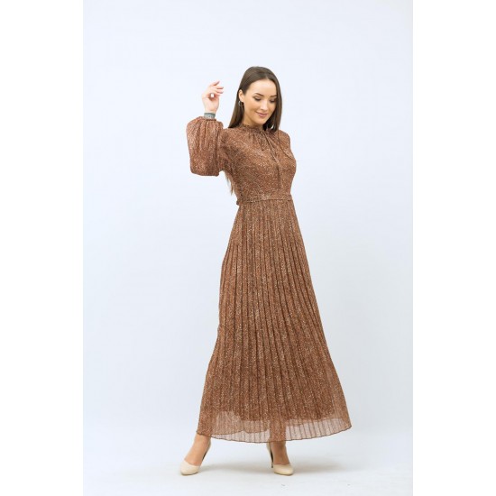 Patterned Pleated Brown Dress