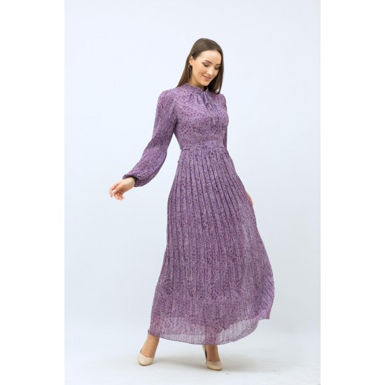Patterned Pleated Purple Dress