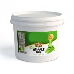 A bucket of waffle sauce with pistachio flavor A bucket of waffle sauce with pistachio flavor
