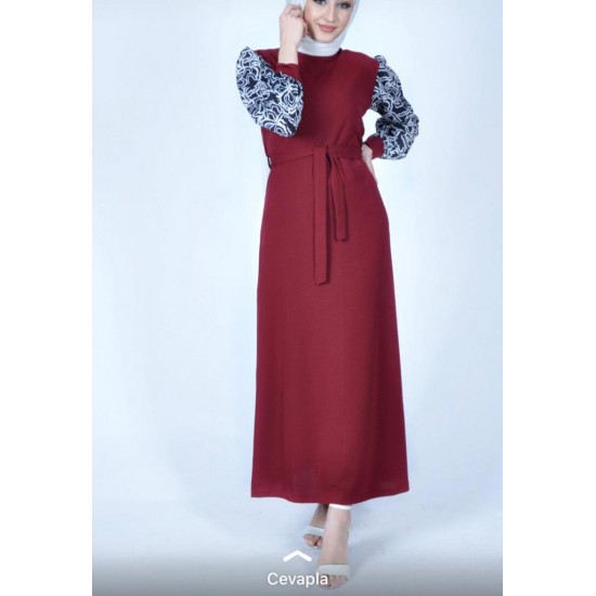 Long Dress Maroon Color with black & white sleeves