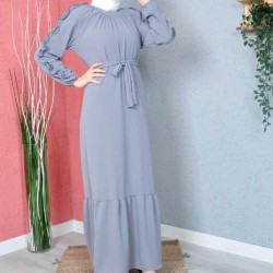 Long Belted Grey Dress 