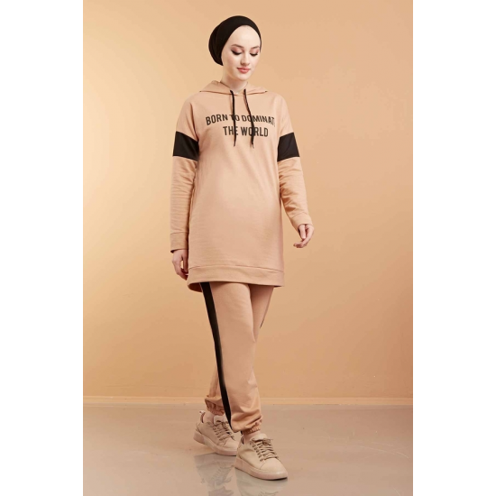 Hooded Printed Sports Suit Milky coffee Color