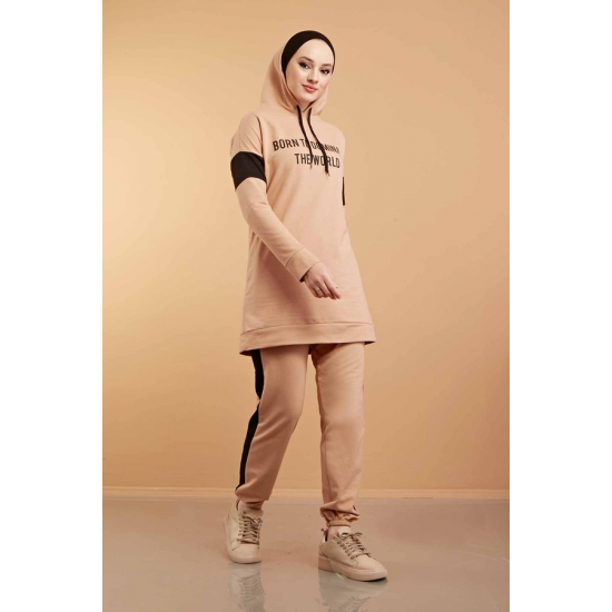 Hooded Printed Sports Suit Milky coffee Color