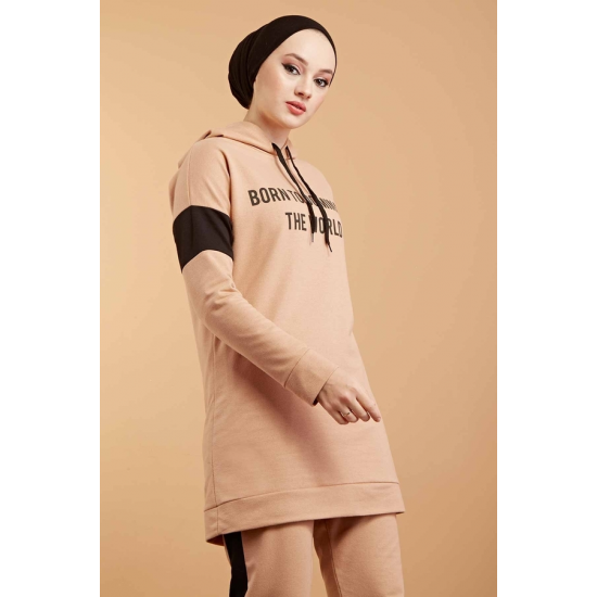 Hooded Printed Sports Suit Milky coffee Color
