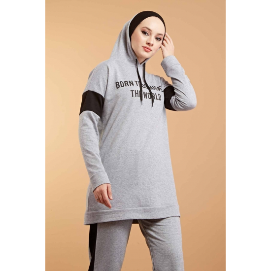  Hooded Printed Sports Suit Grey Color