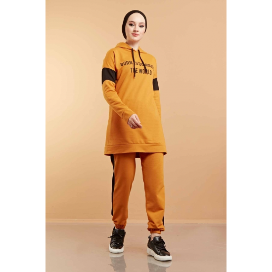  Hooded Printed Sports Suit Mustard Color