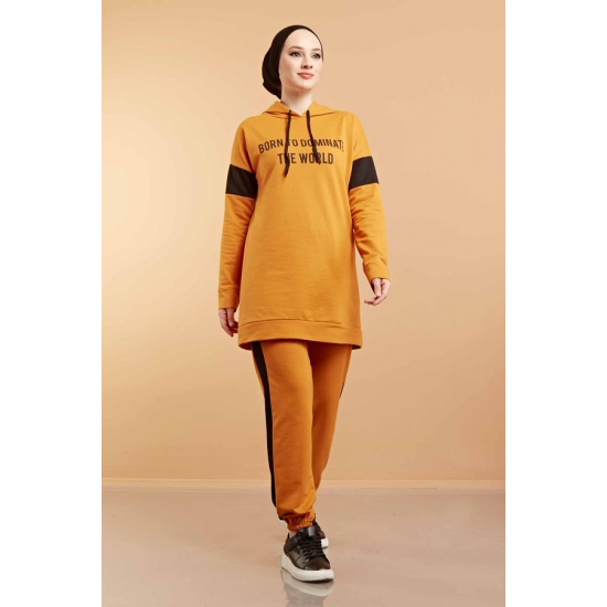  Hooded Printed Sports Suit Mustard Color