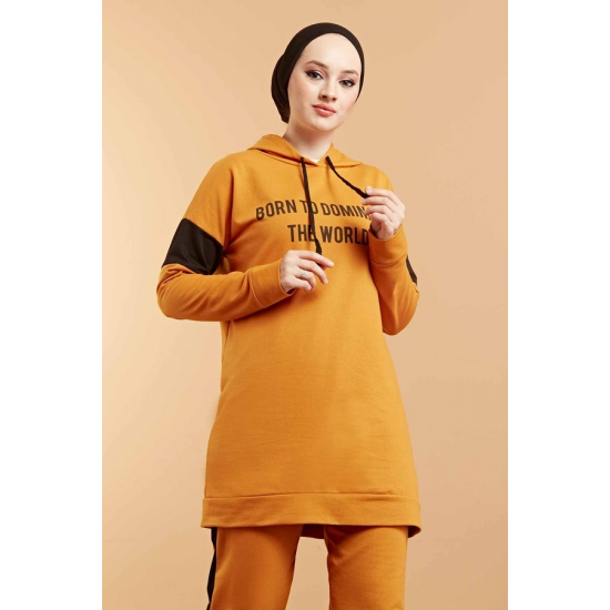  Hooded Printed Sports Suit Mustard Color