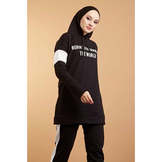 Hooded Printed Sports Suit Black Color