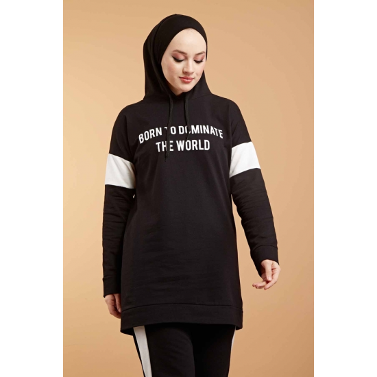 Hooded Printed Sports Suit Black Color