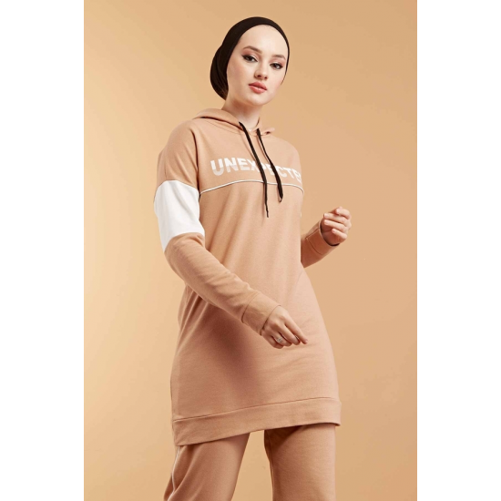  Hooded Printed Sports Suit Milky coffee Color