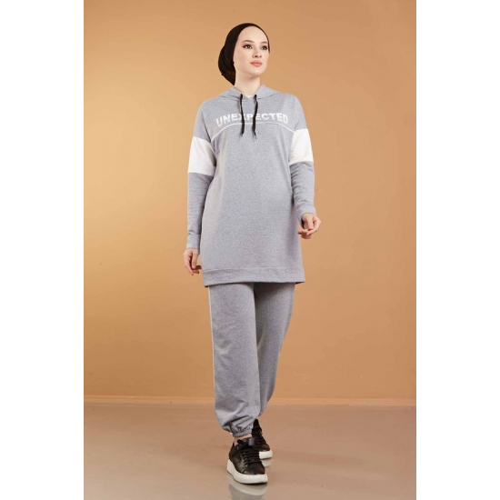 Hooded Printed Sports Suit Grey Color