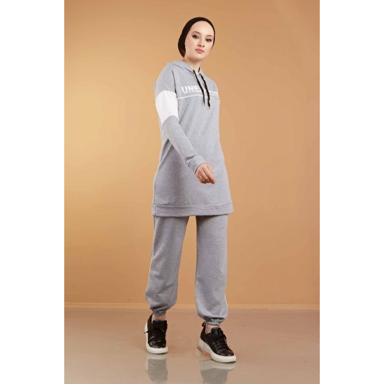 Hooded Printed Sports Suit Grey Color