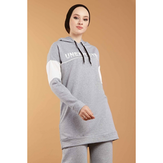 Hooded Printed Sports Suit Grey Color