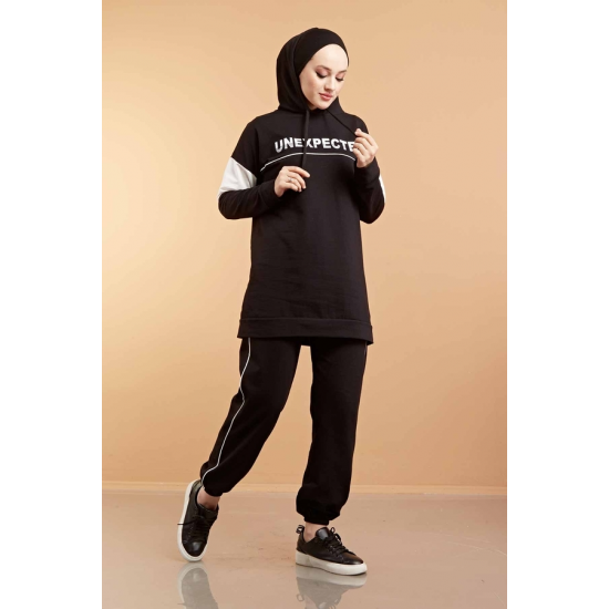  Hooded Printed Sports Suit Black Color