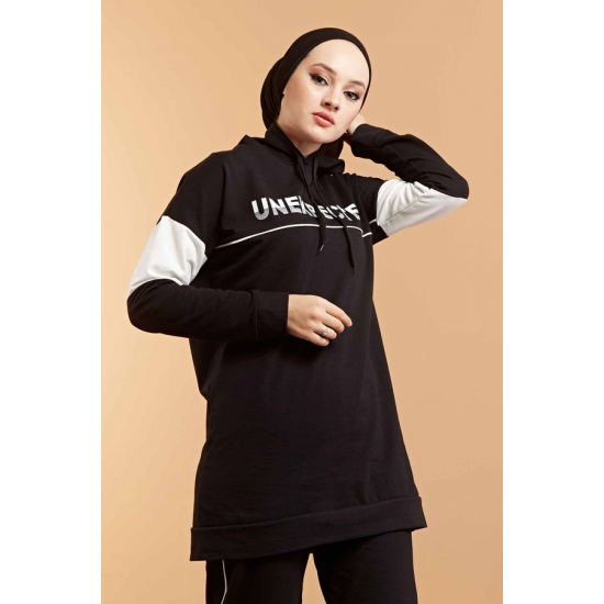  Hooded Printed Sports Suit Black Color