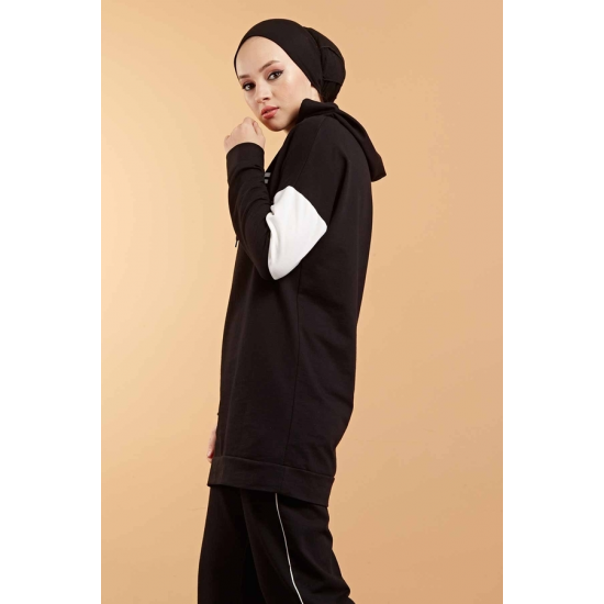  Hooded Printed Sports Suit Black Color